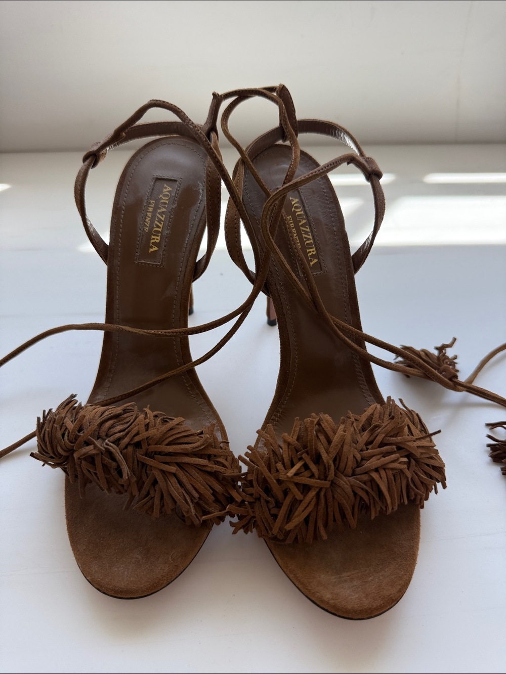 Aquazzura Brown Suede Fringe Lace-Up Heels